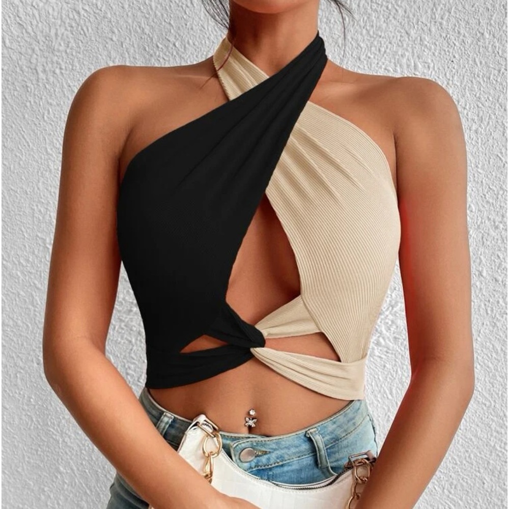 Twist front cut out crop halter top